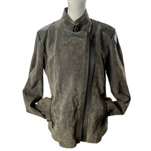 QUEEN COLLECTION Women Suede Jacket Size M Gray Leather Moto Zip Front Luxury